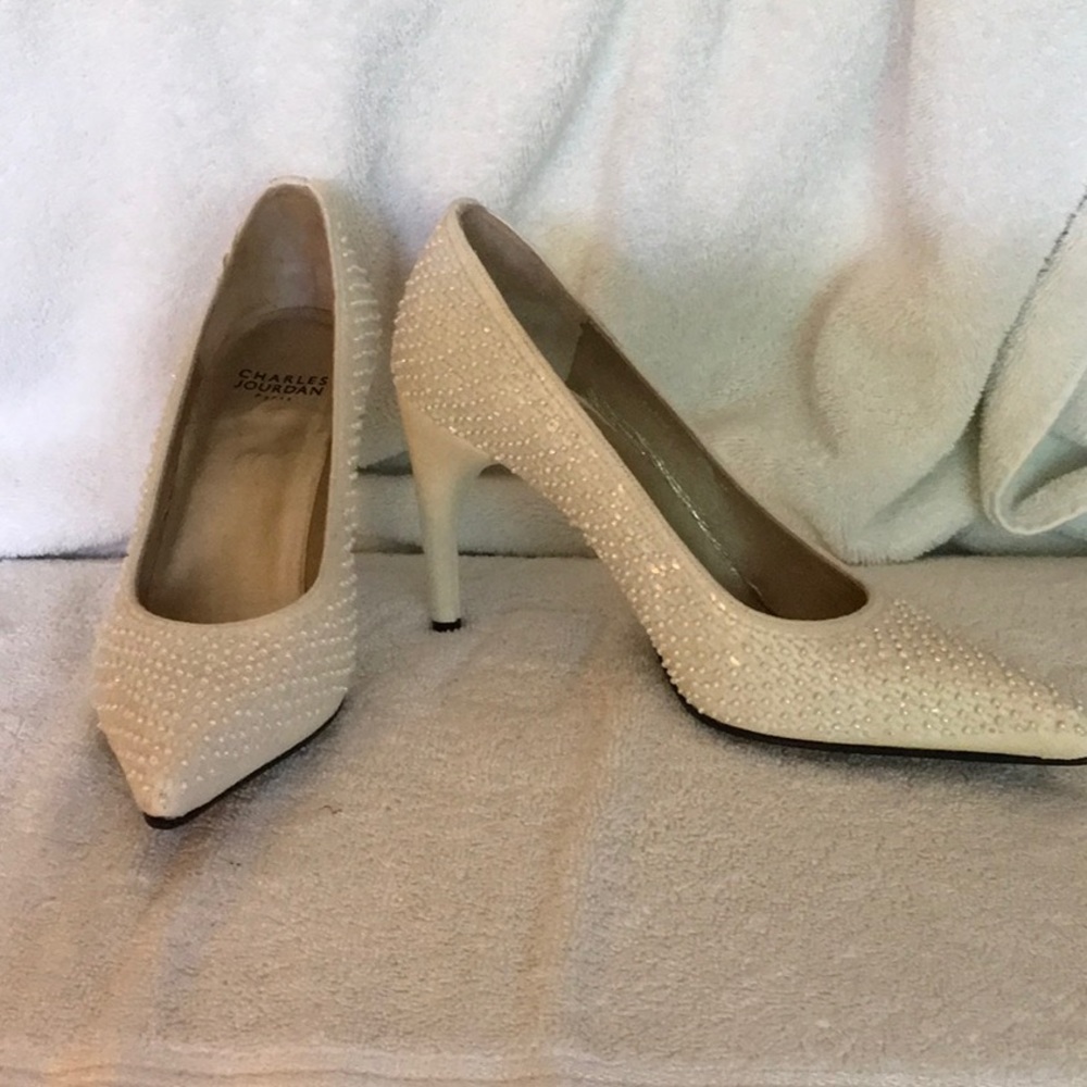 Charles Jourdan winter white beaded pumps